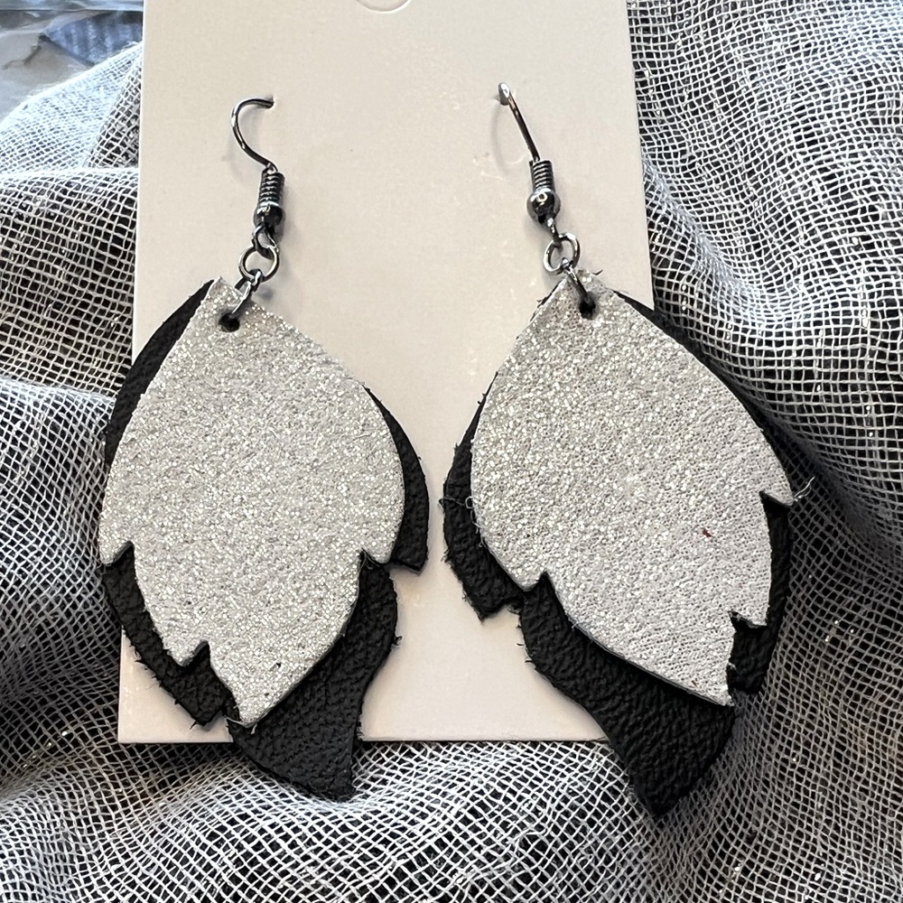 Silver & Black Handmade Artisan Crafted Genuine Leather Leaf earrings, 2 layers